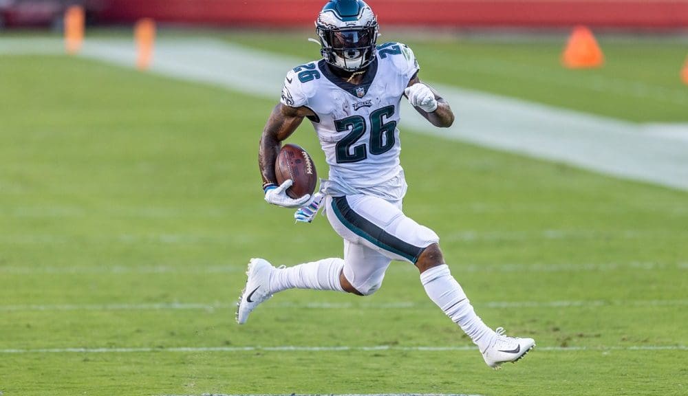 Philadelphia Eagles running back Miles Sanders runs for a touchdown during  the first half of the NFC Championship NFL football game between the  Philadelphia Eagles and the San Francisco 49ers on Sunday