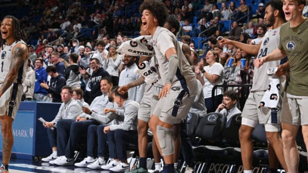 Yanic Konan Niederhauser celebrating during Penn State's win over Saint Francis