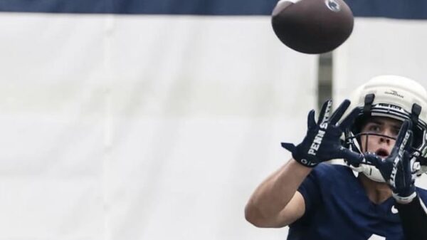 Penn State Football wide receiver Brett Eskildsen hauls in a pass during practice. Image courtesy of Brett Eskildsen's Instagram account.
