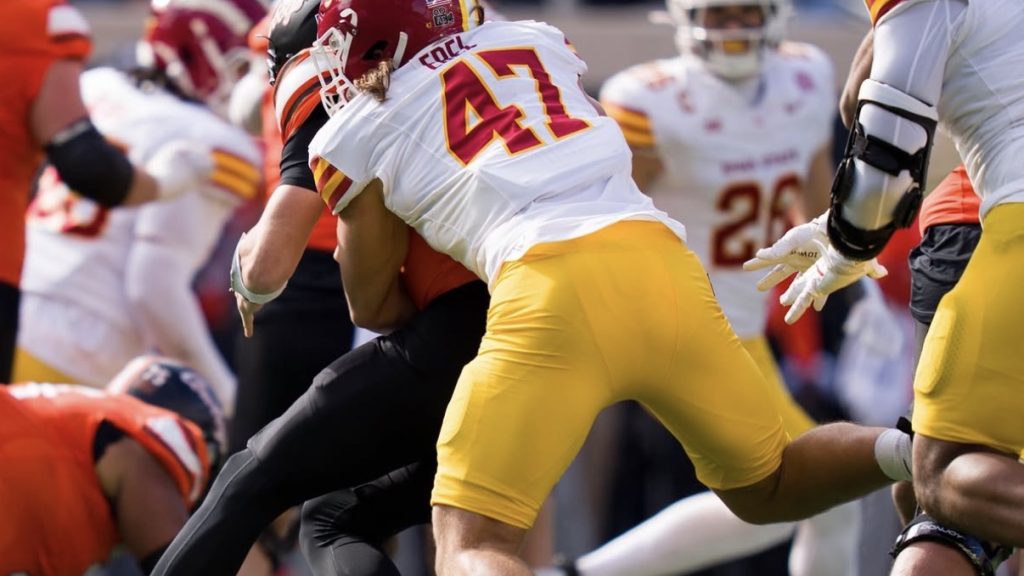 Former Iowa State linebacker and Penn State transfer Kooper Ebel makes a tackle. Image courtesy of Iowa State Football.