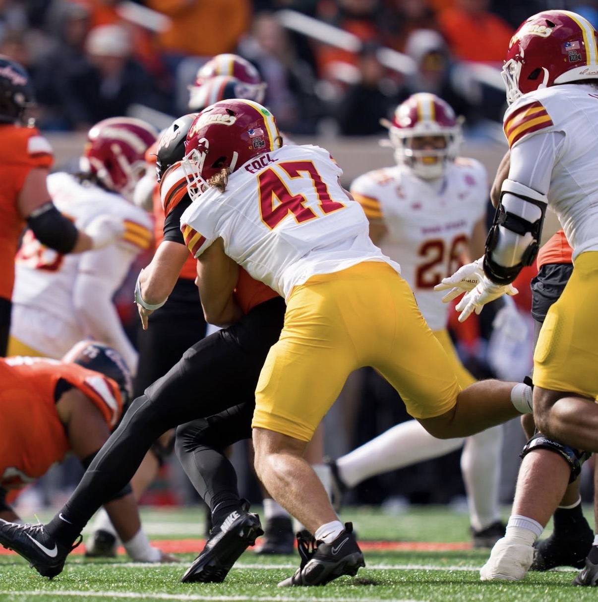 Former Iowa State linebacker and Penn State transfer Kooper Ebel makes a tackle. Image courtesy of Iowa State Football.