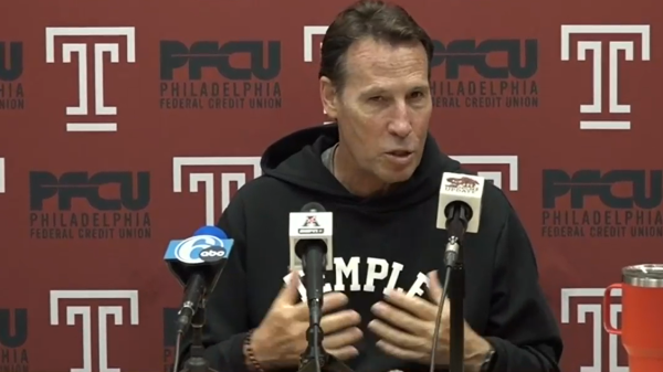 Temple head coach K.C. Keeler speaks with the media before playing Penn State. Image courtesy of Temple Athletics.